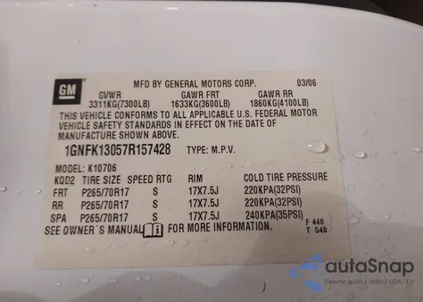 2007 Chevrolet Tahoe Lt z USA, uszkodzony, nr VIN 1GNFK13057R157428